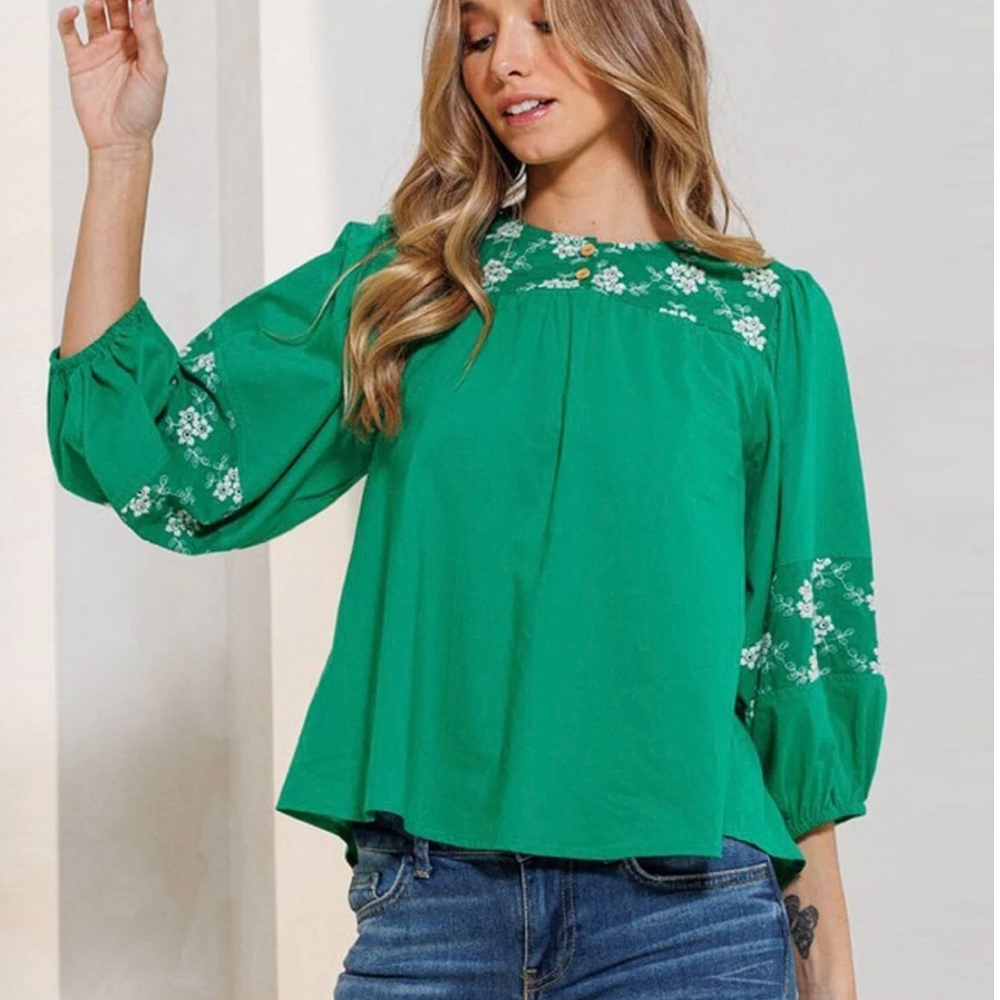 Ces Femme Boho Chic Green Embroidered Top